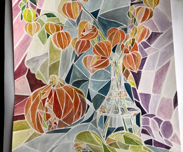 静物 モザイク風 オリジナル水彩画 現代絵画 ウォールアート
