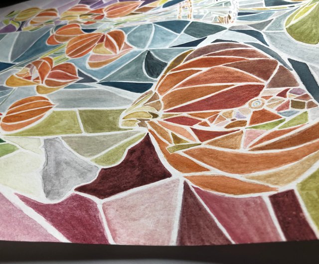 静物 モザイク風 オリジナル水彩画 現代絵画 ウォールアート