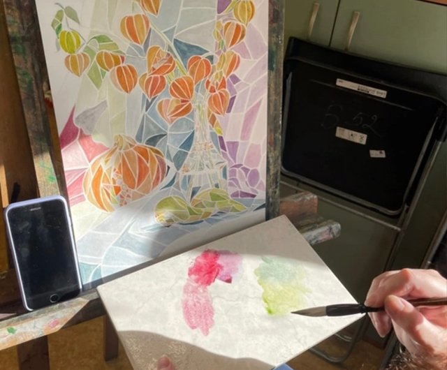 静物 モザイク風 オリジナル水彩画 現代絵画 ウォールアート