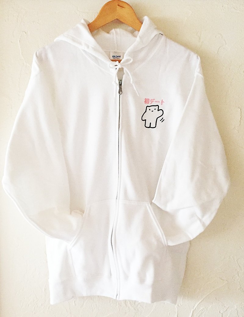 Embroidery First Date Zip Parka White · Navy M - เสื้อแจ็คเก็ต - ผ้าฝ้าย/ผ้าลินิน ขาว