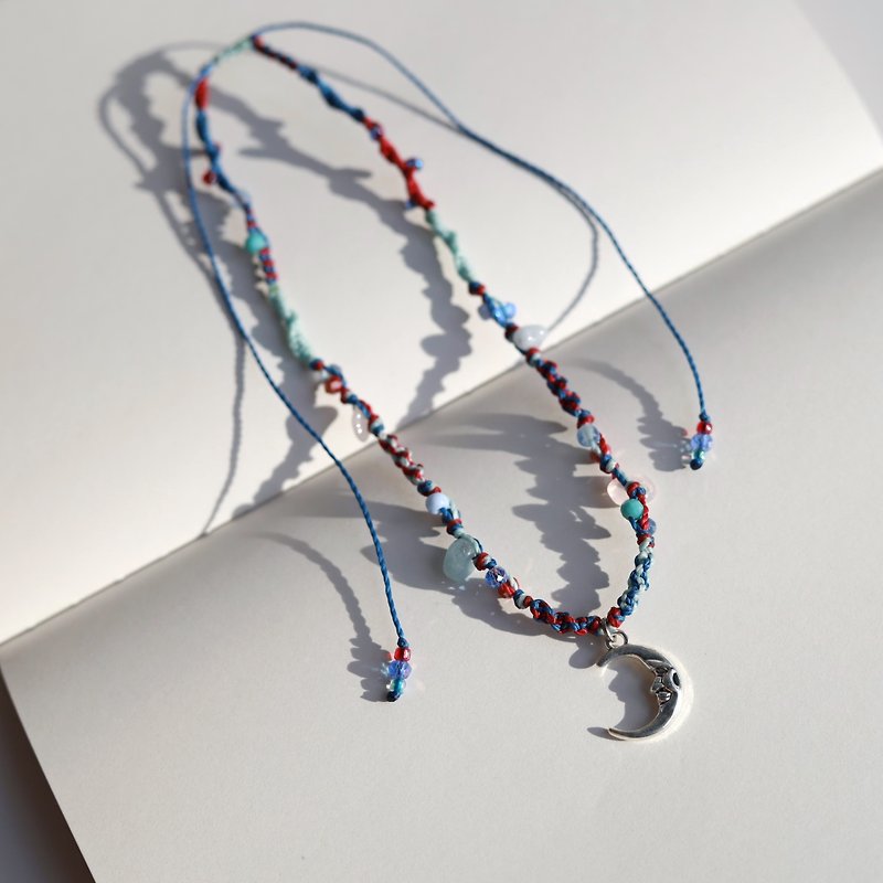 Moon blue red woven waxed cord choker necklace - Necklaces - Thread Multicolor