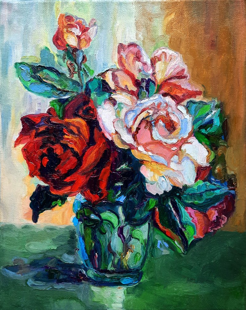 Roses Painting  Original Art  Oil Painting  Wall Decor Oil On Canvas - 壁貼/牆壁裝飾 - 其他材質 紅色