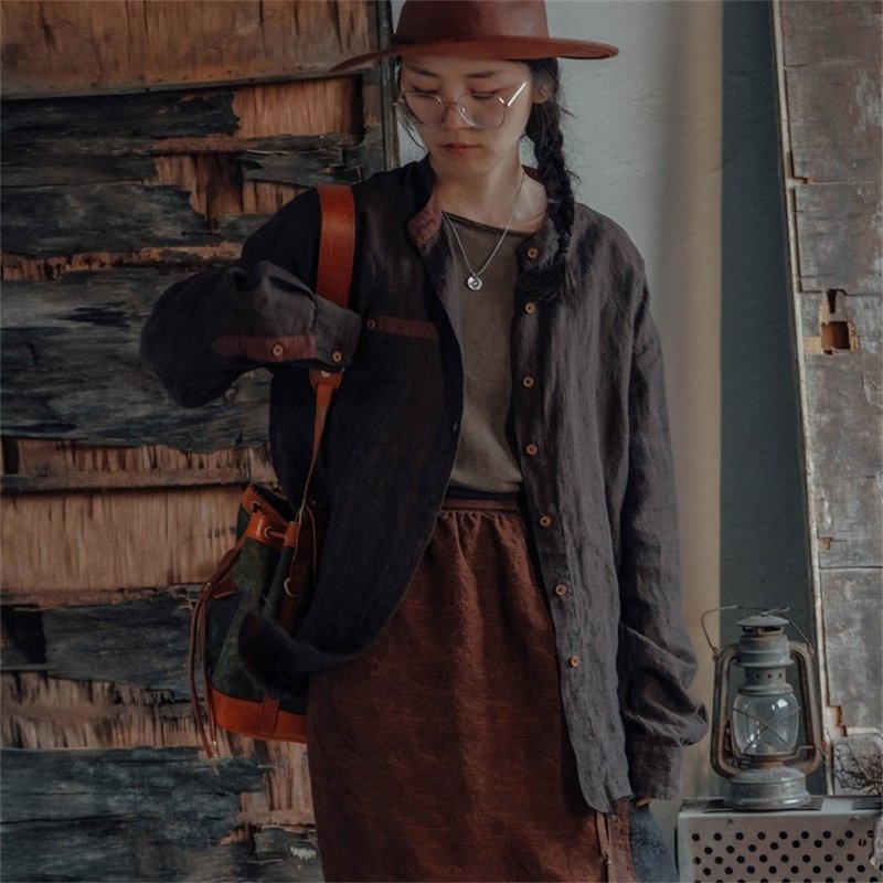 桑葚 亞麻漢麻寬鬆休閒襯衣 百搭長袖單排扣襯衫外套 - 女襯衫 - 棉．麻 咖啡色