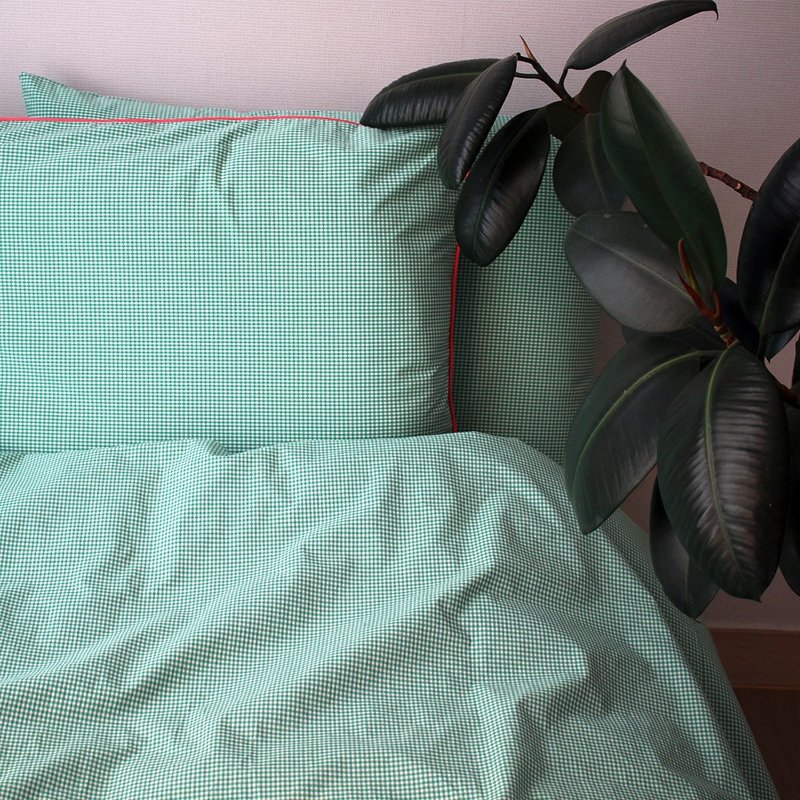 Made in korea Green gingham check Cotton bedding set 被套枕套組 - 寢具/床包 - 棉．麻 綠色