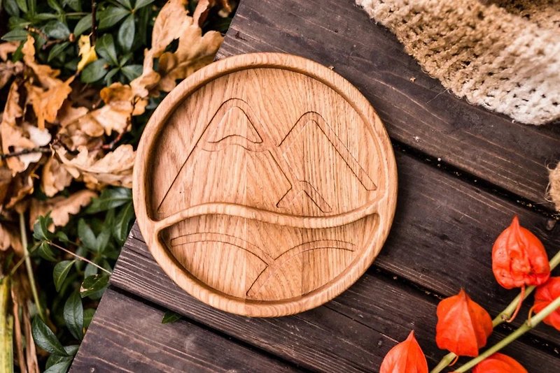 Wooden serving tray mountain ornament / Hand carved small porcelain tray - Plates & Trays - Wood Brown