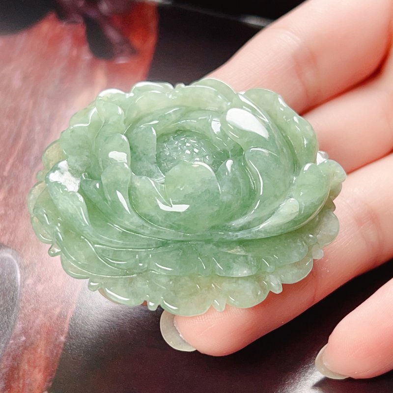 冰飄綠翡翠牡丹花 | 天然緬甸玉A貨翡翠 | 送禮 - 吊飾/掛飾 - 玉石 綠色