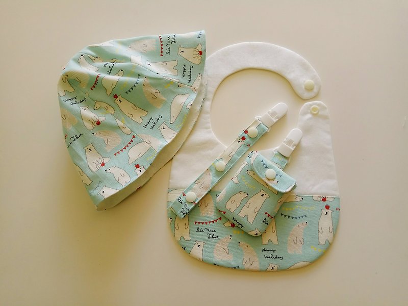 湖水綠 北極熊彌月禮物 嬰兒帽+圍兜+平安符袋+萬用夾 - 彌月禮盒 - 棉．麻 多色