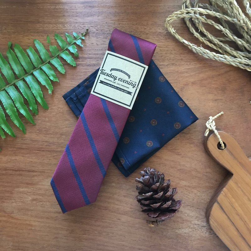Christmas Tie Set - Red Blue Skinny Stripe - 領呔/呔夾 - 棉．麻 紅色