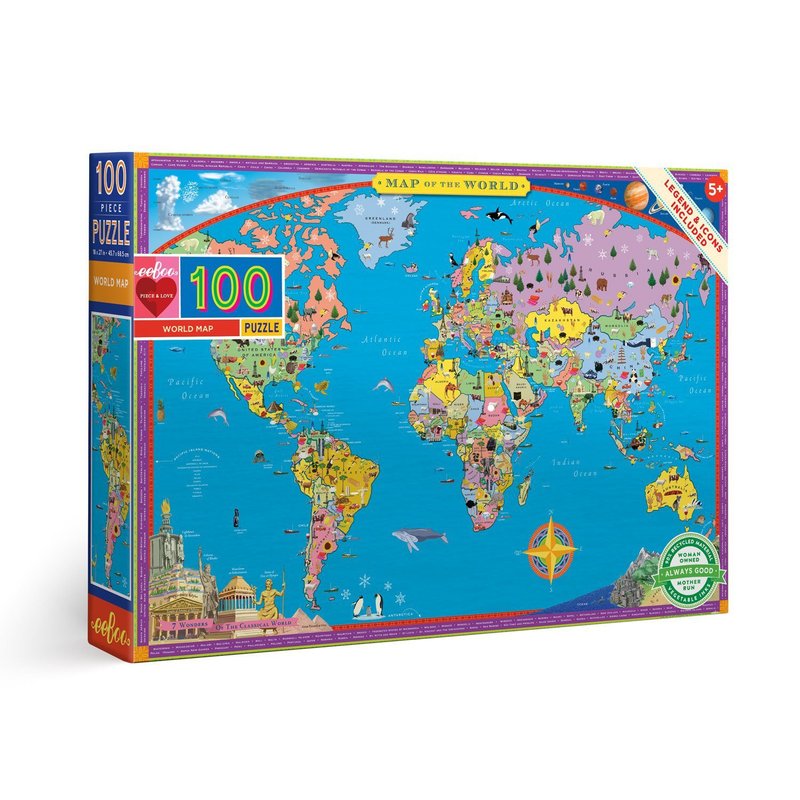 eeBoo 100 Piece Puzzle- World Map World Map 100 Piece Puzzle - เกมปริศนา - กระดาษ สีน้ำเงิน