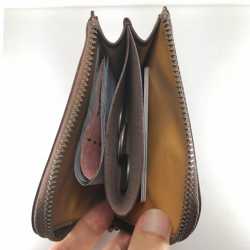 Classic L-shaped zipper short clip coin purse wallet brown paid custom lettering service - Wallets - Genuine Leather Brown