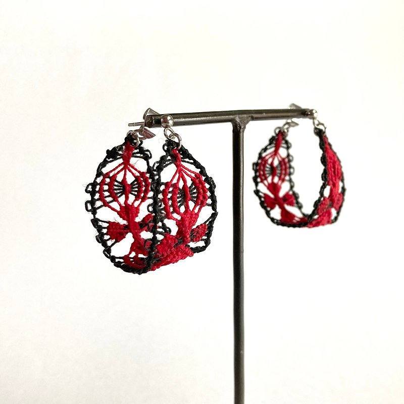 Thread hoop earrings, red &  black, flower, Paraguayan embroidery - Earrings & Clip-ons - Thread Red