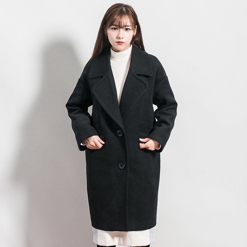 Anne Chan coat female autumn and winter 2016 Korean version of the new Slim long section of black wool coat female coat - เสื้อแจ็คเก็ต - ผ้าฝ้าย/ผ้าลินิน สีดำ
