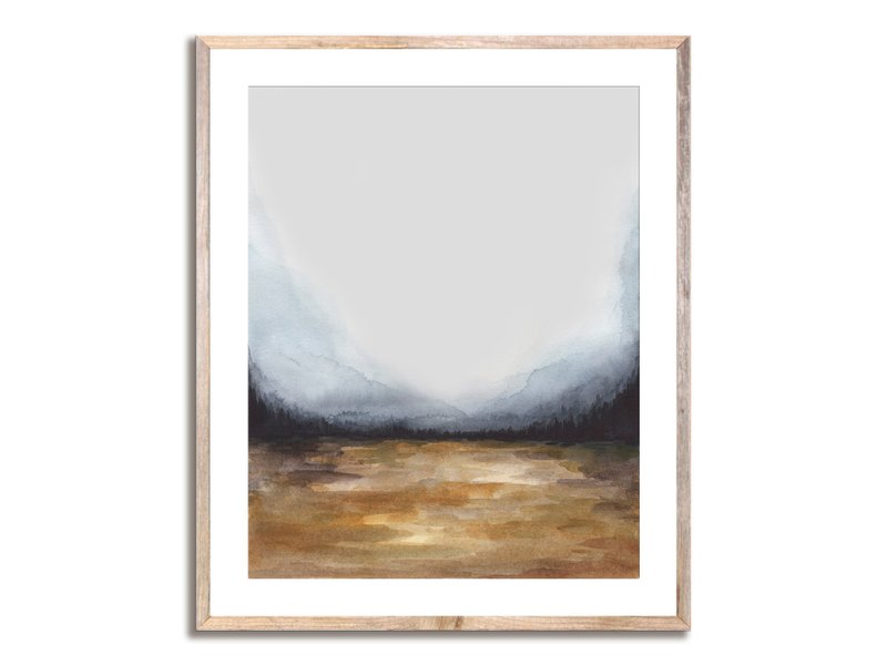 霧濛濛的風景 水彩畫 藝術印刷品 抽像水彩 有霧的森林 - 海報/掛畫 - 紙 咖啡色