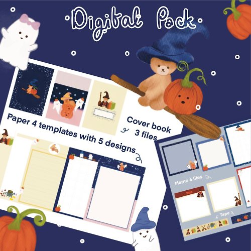 alittletales Digital pack paper template book cover, memo, tape, theme Halloween