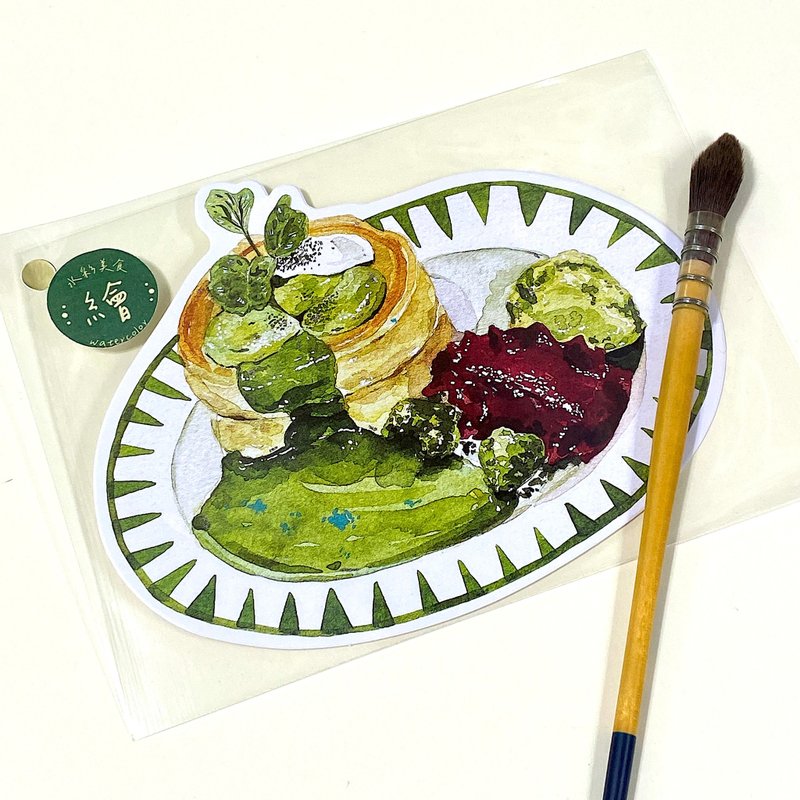 [Hand-painted watercolor series] [Japanese food] Cut-out hand-painted postcards—Matcha red bean soufflé - Cards & Postcards - Paper 