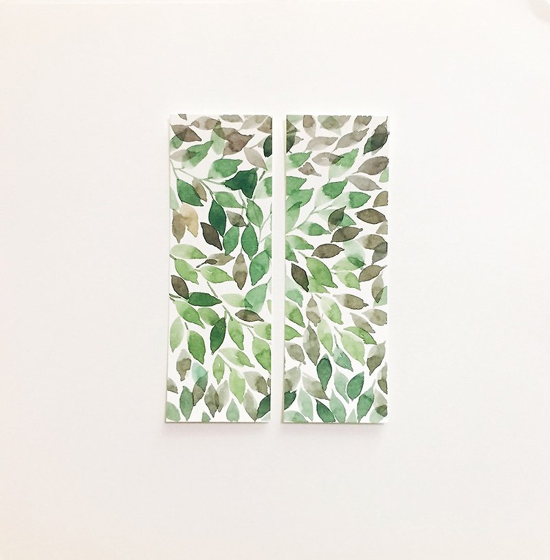 Simple hand-painted pair of green leaf watercolor bookmark original painting cute non-printed couple gift friend gift - การ์ด/โปสการ์ด - กระดาษ สีเขียว
