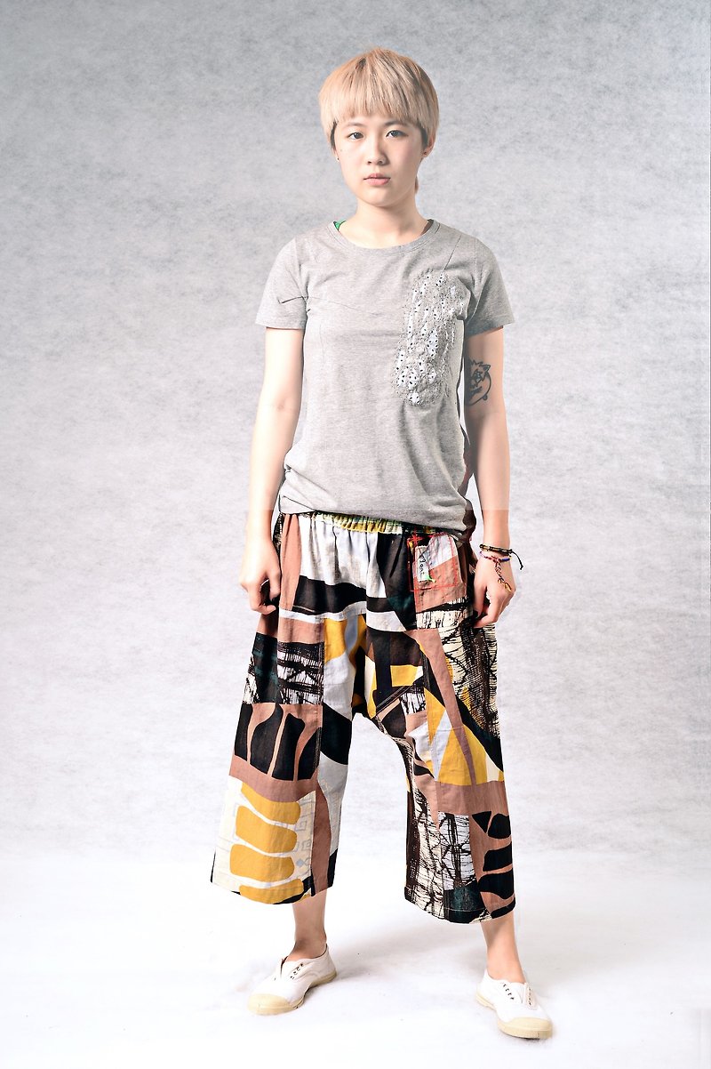 African style stitching eye-catching low-end wide pants - กางเกงขายาว - ผ้าฝ้าย/ผ้าลินิน สีนำ้ตาล