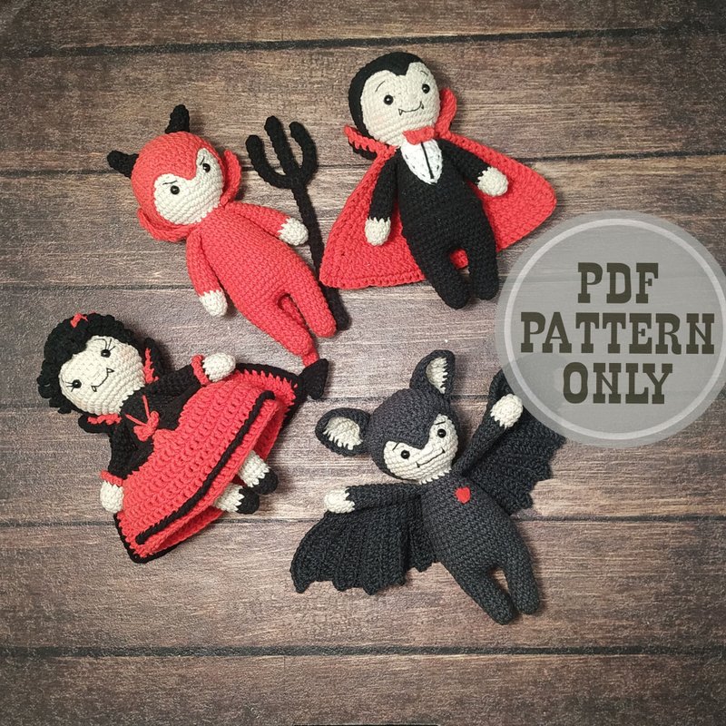 4in1 Amigurumi PATTERN Halloween Vampire Dracula, devil, bat and vampire girl - Knitting, Embroidery, Felted Wool & Sewing - Other Materials White