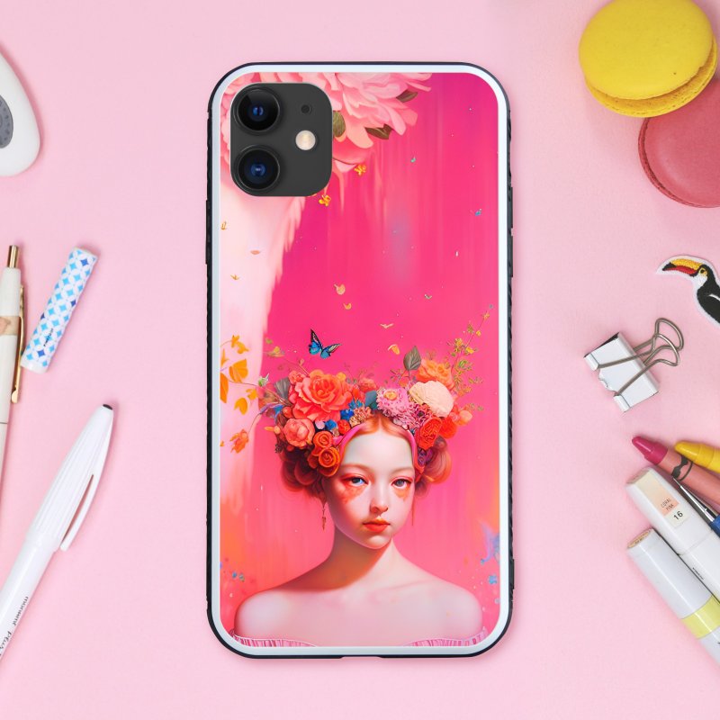 Dreamy and cute coral pink with a fairytale girl, flower lover and butterflies smartphone case [tempered glass finish] compatible with iPhone 16 - เคส/ซองมือถือ - พลาสติก หลากหลายสี