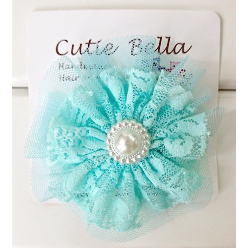 Cutie Bella 美好生活精品館 Cutie Bella 全包布蕾絲珍珠花朵Lace Pearl Flower 髮夾-Aqua