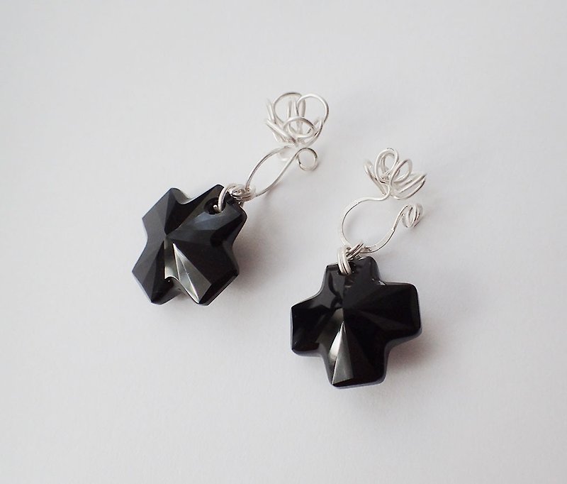 Cross Pendant & Poppy vs sprout earrings, 0.7MM-Fine silver w - ต่างหู - แก้ว สีดำ