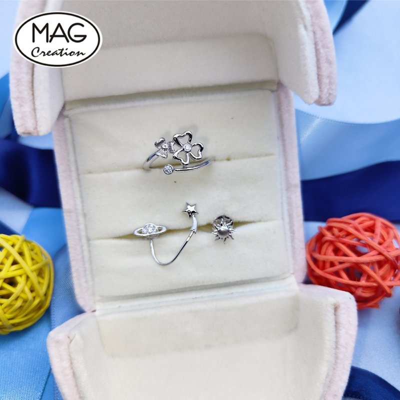 20th Anniversary Set - Diamond Saturn Sun Earring Set with Natural Diamond Clover Ring - แหวนทั่วไป - เครื่องประดับ 