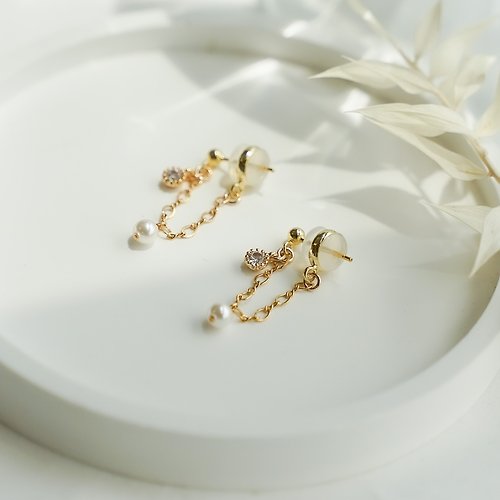 Zuzu Jewelry 手工訂製 14k包金單鑽珍珠 垂墜耳環