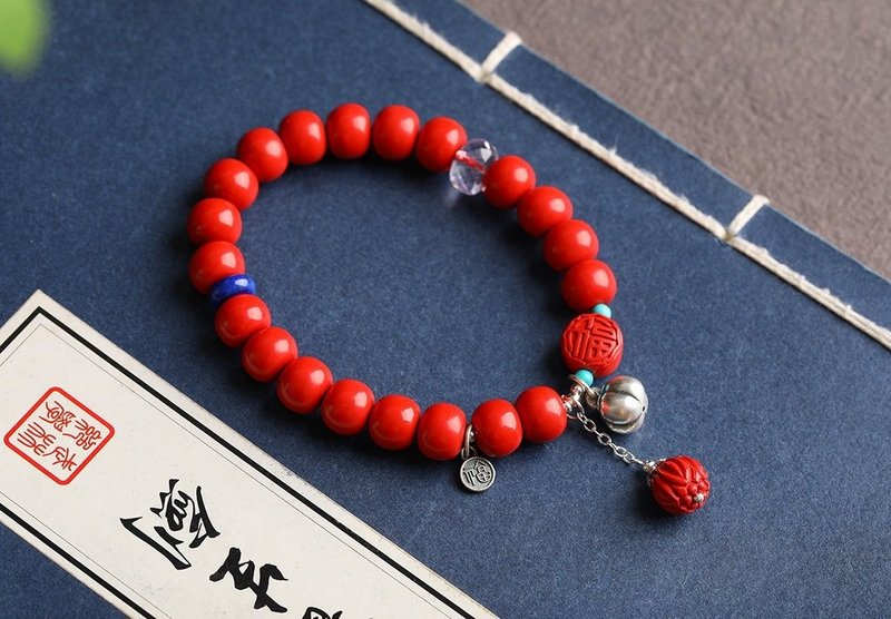 Natural cinnabar fine red sand old-style bead bracelet size is about 9.5mm, the content is as high as 95% or more - สร้อยข้อมือ - เครื่องเพชรพลอย 