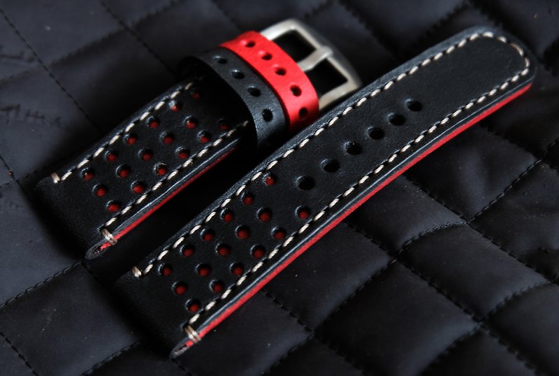 本革時計ストラップ、ラリーレーシングストラップ、黒と赤の色、モデル DOT BR 時計ストラップ - 腕時計ベルト - 革 ブラック