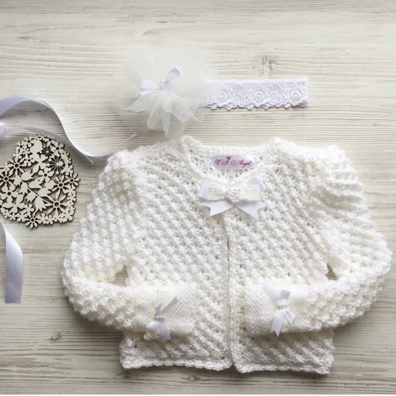 Hand made knit white sweater with headband for baby girl. i - 其他 - 其他材質 白色