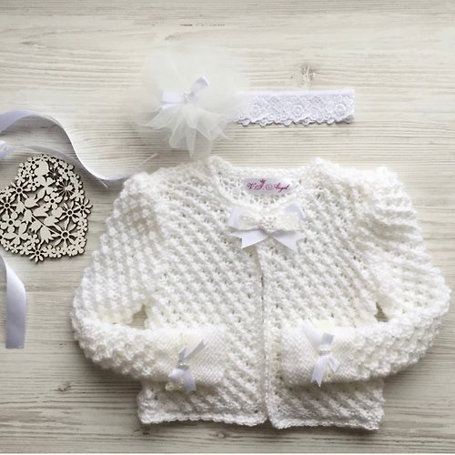 V.I.Angel Hand made knit white sweater with headband for baby girl. i
