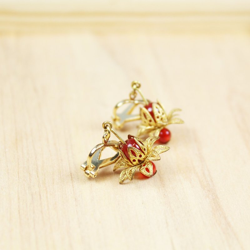 【Collection of gold lake】 flame heavy lotus earrings fire red section | clip-on earrings earrings can be changed for sterling silver needles | red agate | brass | natural stone earrings, Chinese ancient style jewelry E7 - Earrings & Clip-ons - Gemstone Red