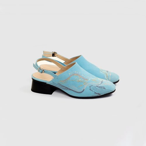 hsiu 創意手工繡花鞋 | 手工鞋 刺繡木跟穆勒涼鞋- 福爾摩沙/烟藍(綁帶款)