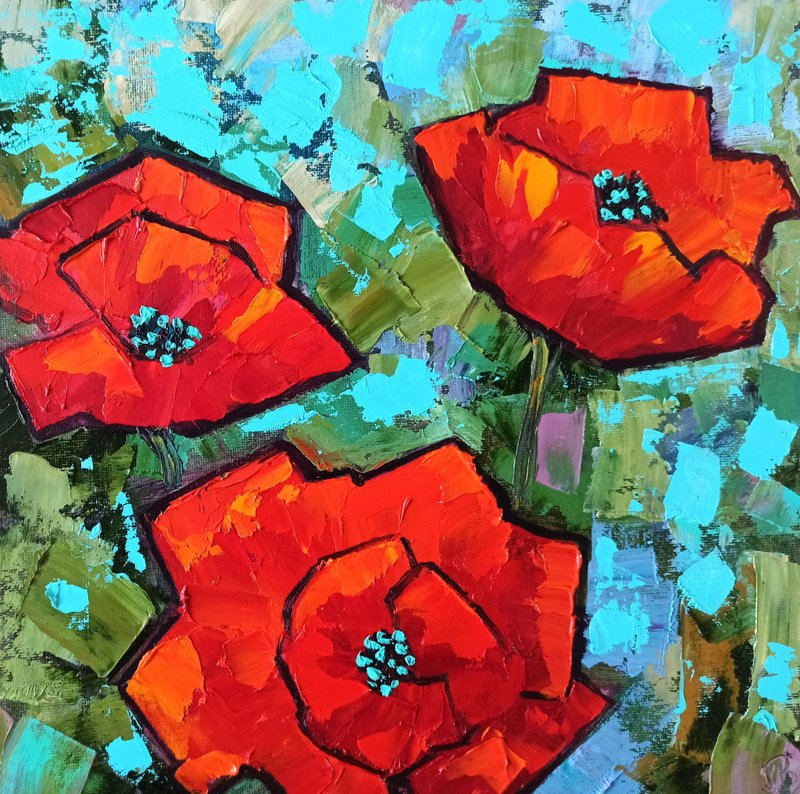 Red Poppies Oil Painting on Canvas board 30x30cm Flowers Original Artwork - 海報/掛畫/掛布 - 其他材質 多色