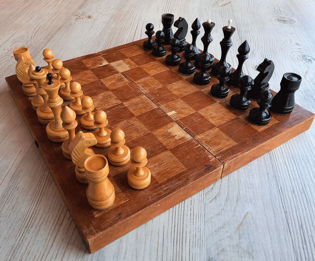 Wooden chess set, vintage board chess, chess board game, Soviet retailer wooden chess, vintage ussr chess set