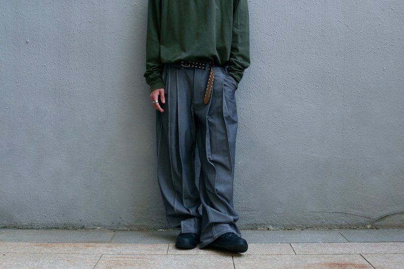 Gray multi-fold wide-leg loose trousers - Men's Pants - Other Man-Made Fibers Gray