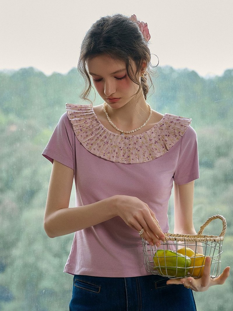 Marigold 圓領百褶針織短袖T恤 - 女上衣/長袖上衣 - 其他材質 紫色