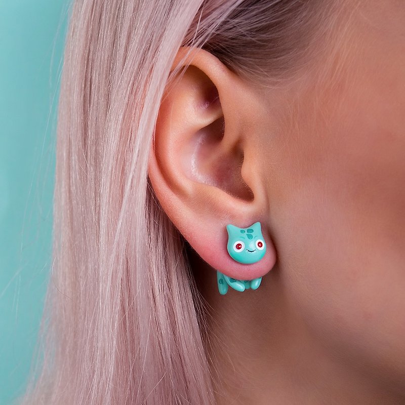 Blue Cat Earrings - Kawaii Cat Earrings Polymer Clay - ต่างหู - ดินเหนียว 