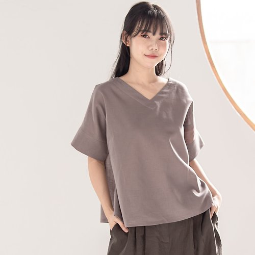 Candith Natural Linen top with with Dark Brown Zigzag Hand-Stitching - Pinkish Brown