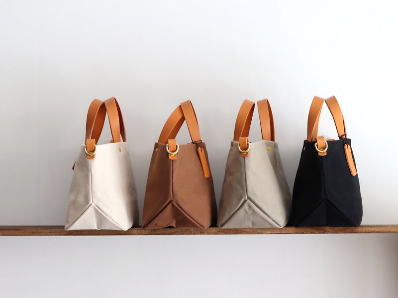Leather Handle Bag (Small)-Japan Canvas/vegetable tanned leather/handbag - Handbags & Totes - Cotton & Hemp Khaki