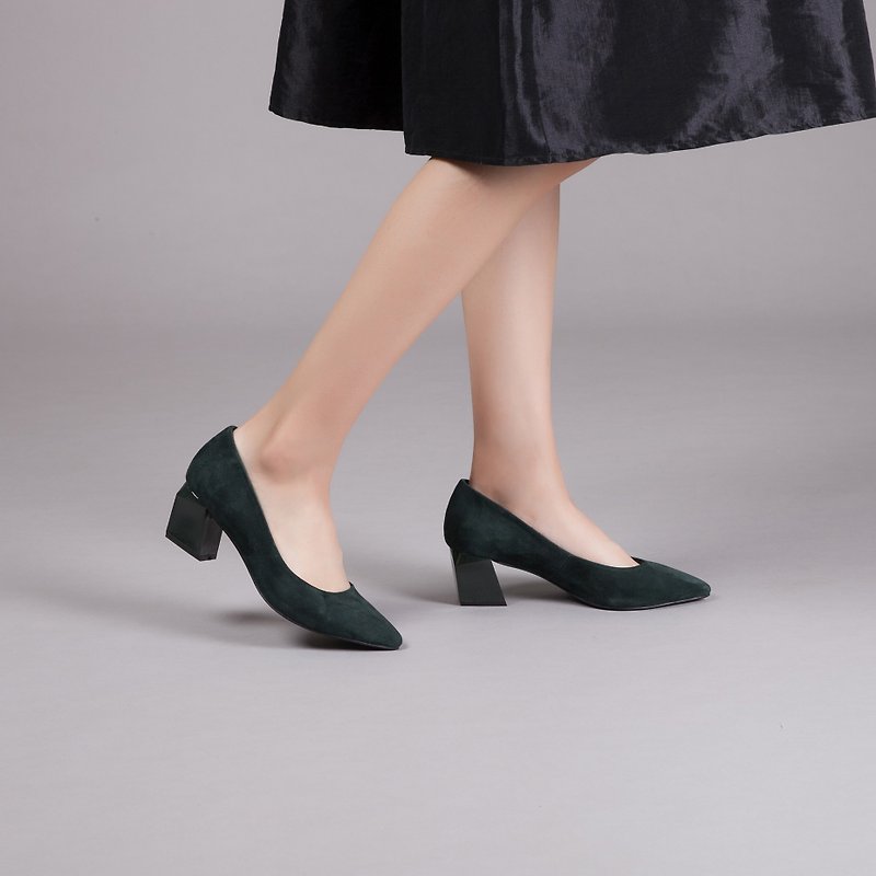 [Fashion Runway] Full Leather Geometric Heel Shoes_Modern Green (25) - High Heels - Genuine Leather Green