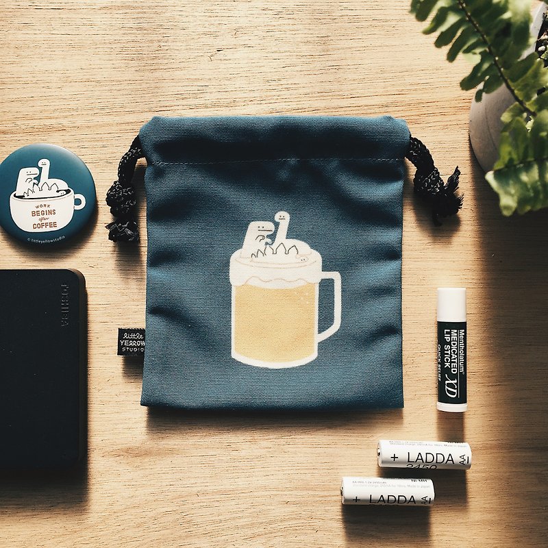 Convenient Drawstring Pocket-Gourmet Series Dinosaur Beer - กระเป๋าเครื่องสำอาง - ผ้าฝ้าย/ผ้าลินิน สีน้ำเงิน