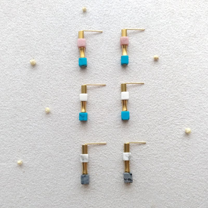 E005- echo-brass turquoise, white turquoise, rose stone, alabaster earrings - Earrings & Clip-ons - Other Metals Blue