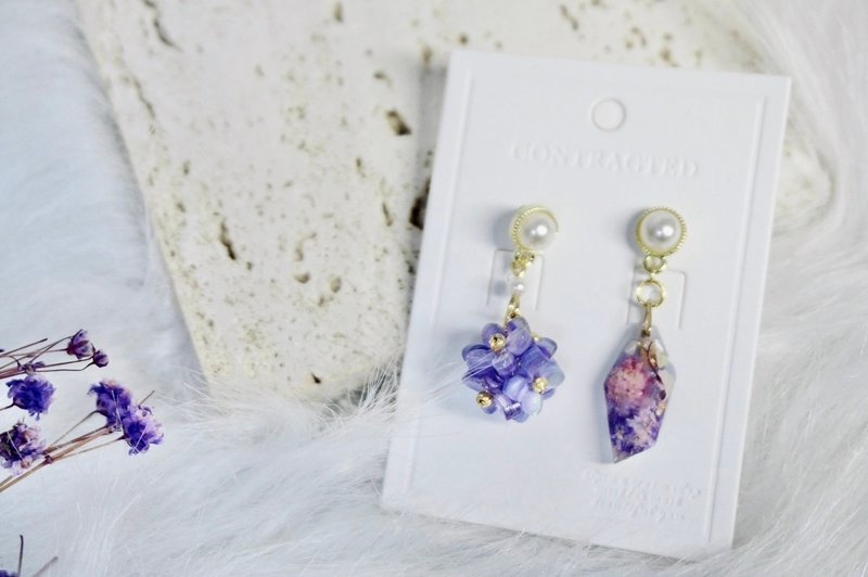 [Zixia] Dried flowers-Gypsophila reindeer moss/personality/hydrangea/earrings/ Clip-On/ Silver/purple - Earrings & Clip-ons - Sterling Silver Purple