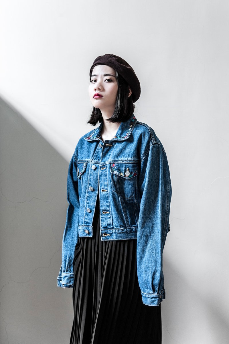 Vintage INVESTMENT Denim 墨西哥刺繡重磅短版牛仔古著外套 - 女大衣/外套 - 其他材質 藍色