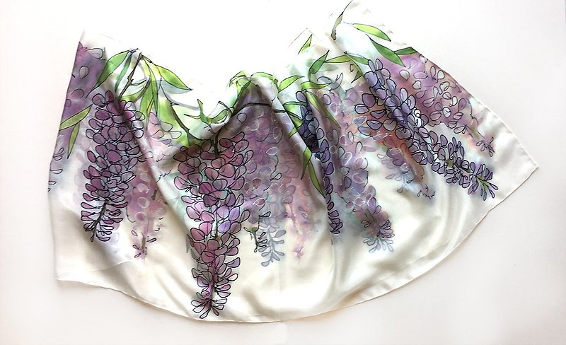 紫藤絲綢圍巾手繪圍巾花卉絲綢披肩45/180厘米的女人時尚 - 絲巾 - 絲．絹 多色