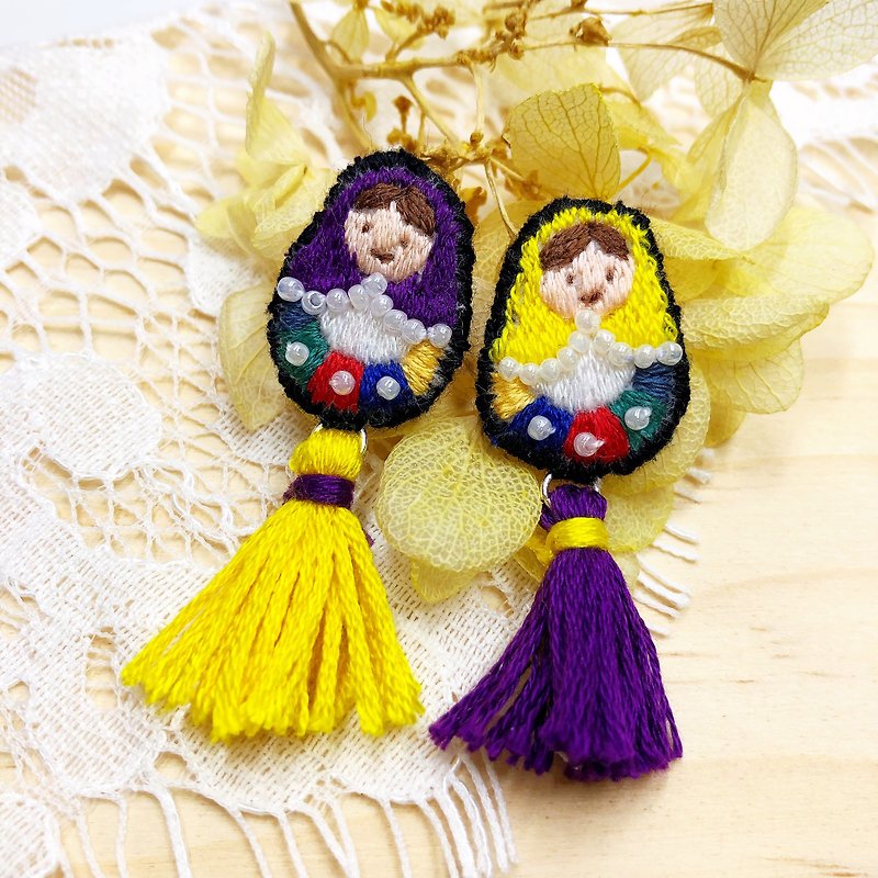 Russian Doll Embroidered Earrings (Yellow+Purple) - ต่างหู - งานปัก หลากหลายสี