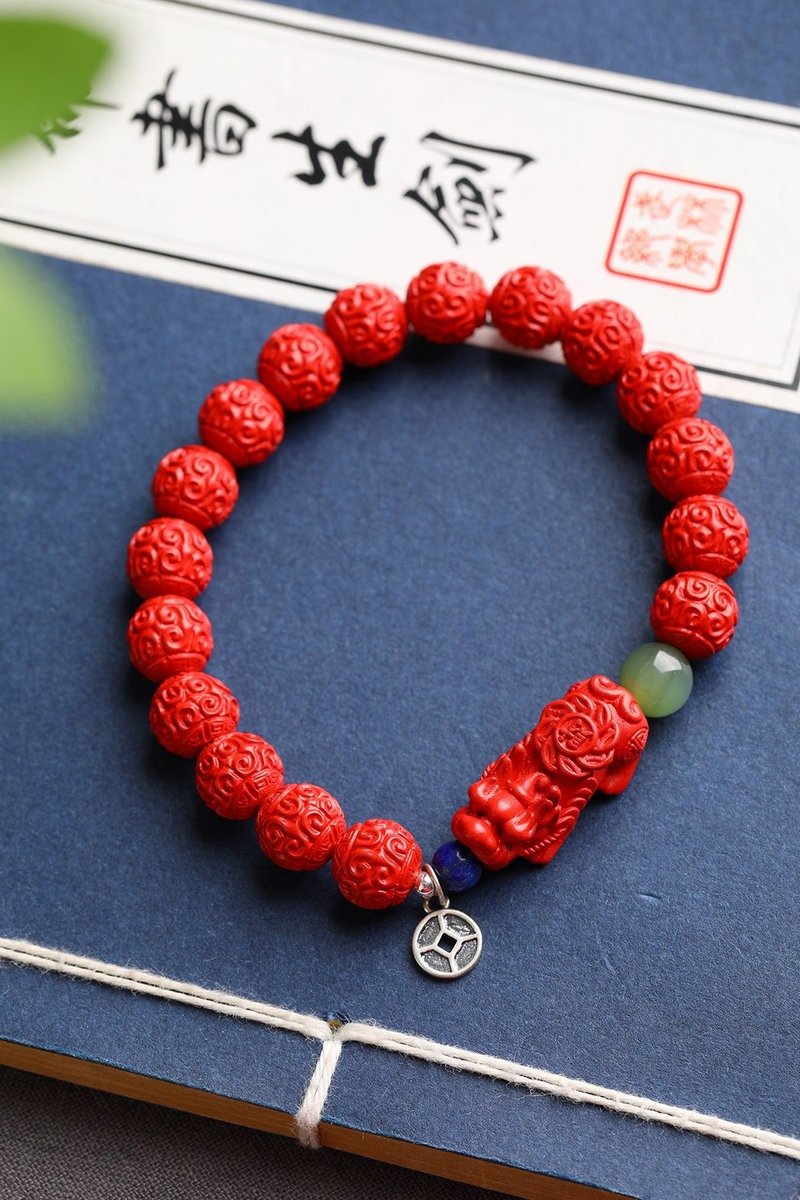 Natural cinnabar fine red sand Huiwen beads Pixiu bracelet 10mm content more than 95% - Bracelets - Gemstone 