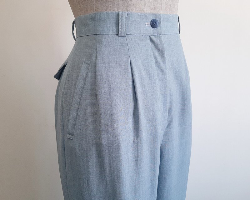 25 Waist Vintage Blue Gray Wool Pants Womens High Waisted Trousers Pleated Pants - 男長褲/休閒褲 - 其他材質 灰色