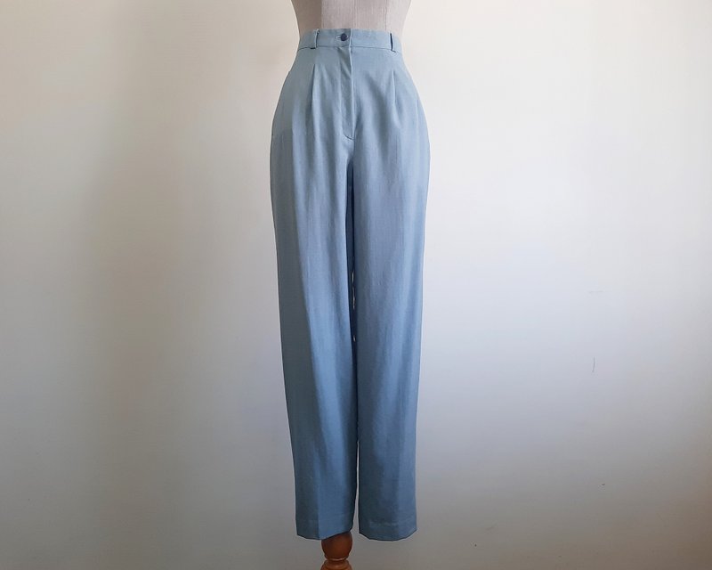 25 Waist Vintage Blue Gray Wool Pants Womens High Waisted Trousers Pleated Pants - 男長褲/休閒褲 - 其他材質 灰色